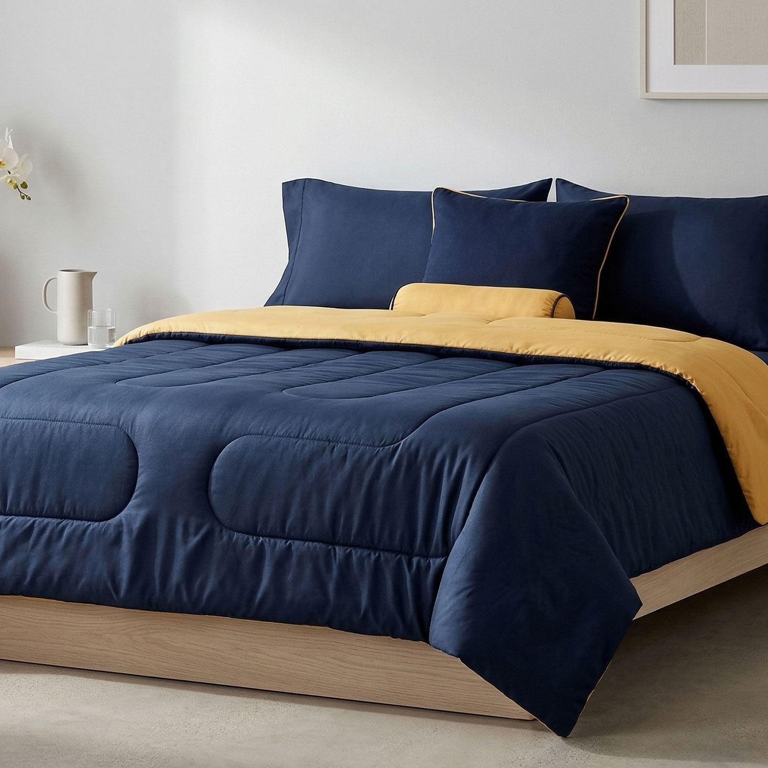 Edredón Bicolor Nórdico 150 hilos - Azul Marino / Maiz - Textura Piel de Durazno